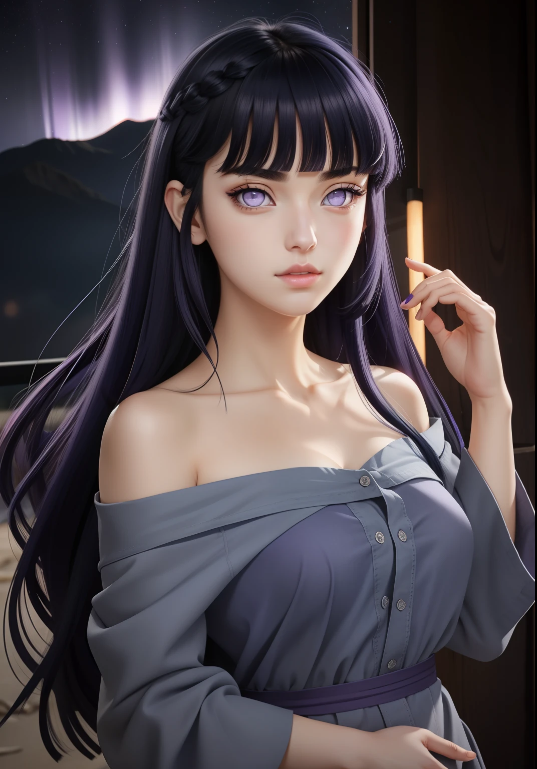 (purple eyes), masterpiece,long dark blue hair, Blunt Bangs, purple eyes,Aurorawaifu