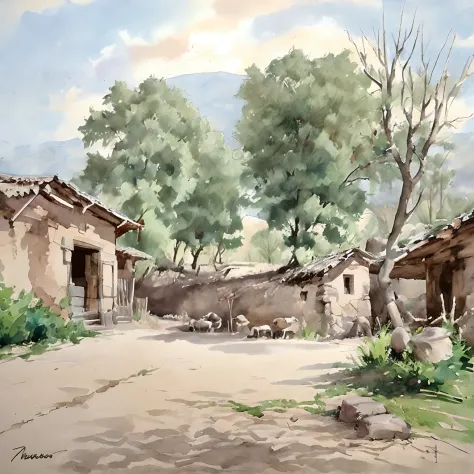 Pueblo rural de casas de piedra con una calle con cabras y un pastor