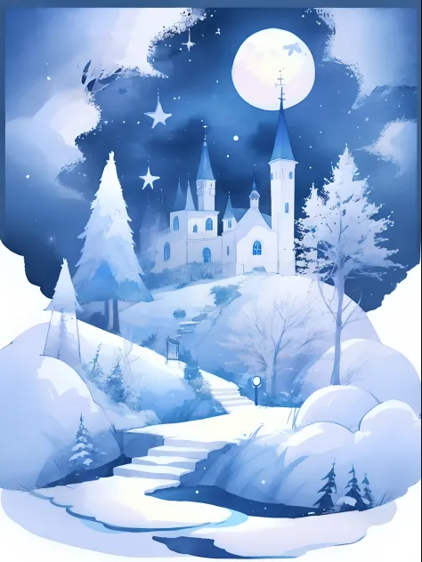 moon, tree, snow, night, full moon, scenery, painting (medium), sky, outdoors, watercolor (medium), traditional media, flower, l...