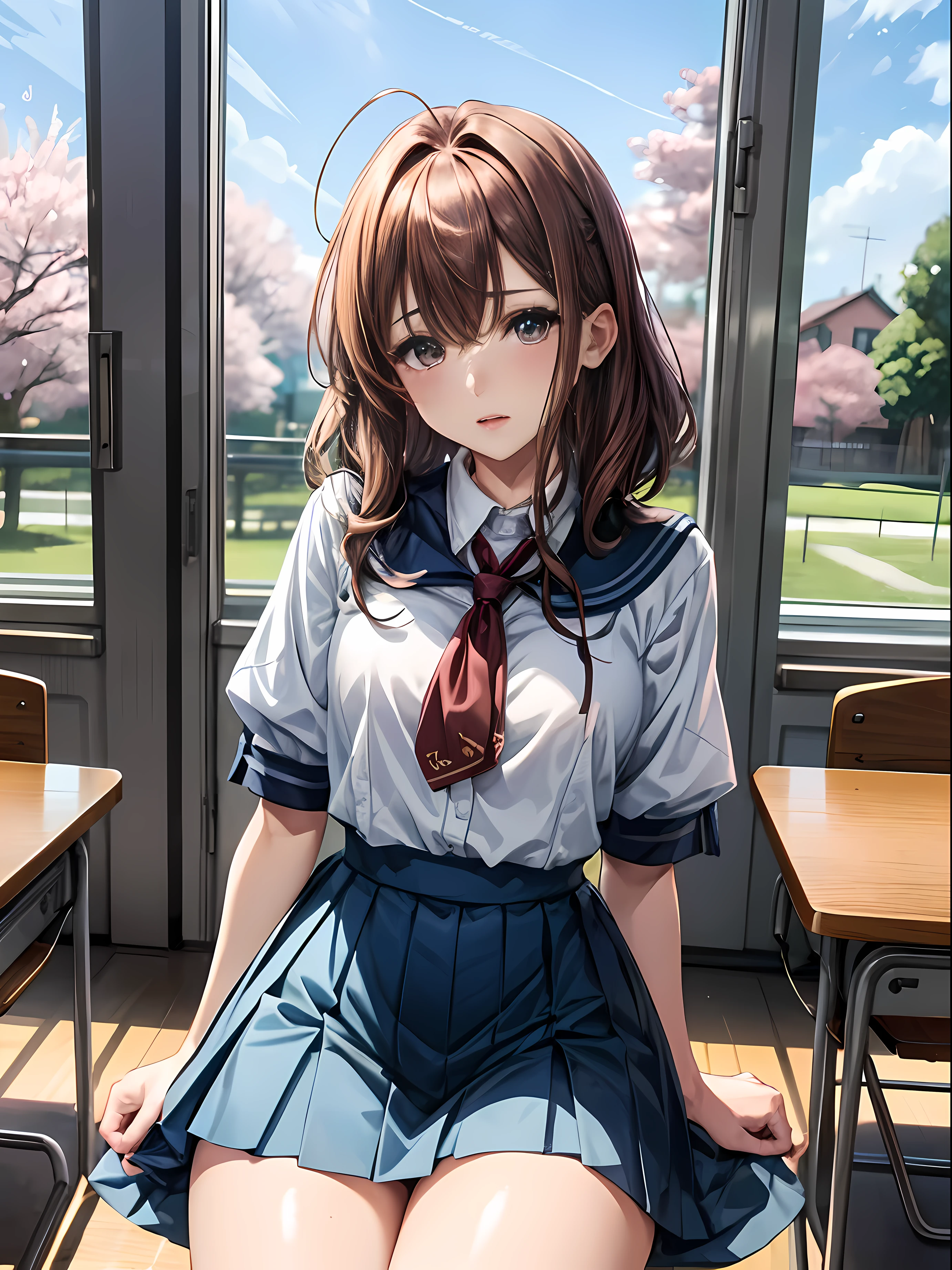 Chica sola, cara linda, Arte de anime estilo HD, 16k, alta calidad, Uniformes de colegiala con chaqueta fina (Azul claro), Pose de anime linda mientras mira al espectador, Pose de anime con dos dedos en V, Sentada dentro de un aula, fondo interior del aula, cabello castaño corto y ondulado + Piel pálida + rubor + ojos expresivos + Pestañas largas + 177 cm de altura + pecho copa D + trasero gordito + muslos gorditos + Tonos moderados + Tatuaje de flor de cerezo rojo en el hombro izquierdo + ojos castaños profundos + uñas cortas + Cicatrices de autolesión en todo el brazo y los muslos + Colmillo izquierdo más largo de lo habitual + mirada intensa + 1, Texturas ultra detalladas