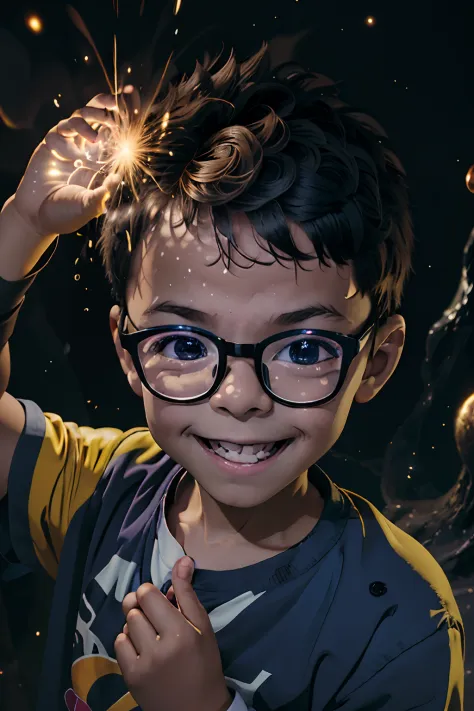 capture a cheerful 3-year-old boy wearing glasses, facing the camera, adornado em traje de bruxo, and showing off his magical ab...