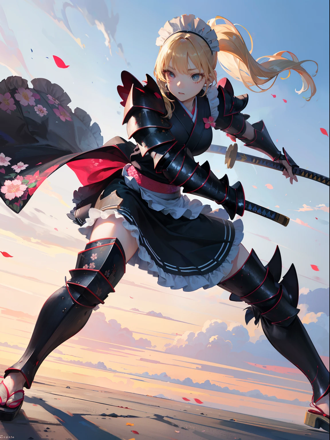 Best Quality, (Extremely detailed: 1.5), masutepiece, 超A high resolution,(photographrealistic:1.4), 1 beautiful girl, Cowboy Shot, (Wear battle armor:1.4), (Wear battle armor:1.6), (Floral part Terund black kimono:1.6), (maid:1.6), Pink Maid Micro Skirt, holding a katana, long ponytail hair, Hair over one eye,(Big eyes:1.1), Golden hair, (Raw feet:1.3),Wind, Dynamic Angle, Dynamic Pose