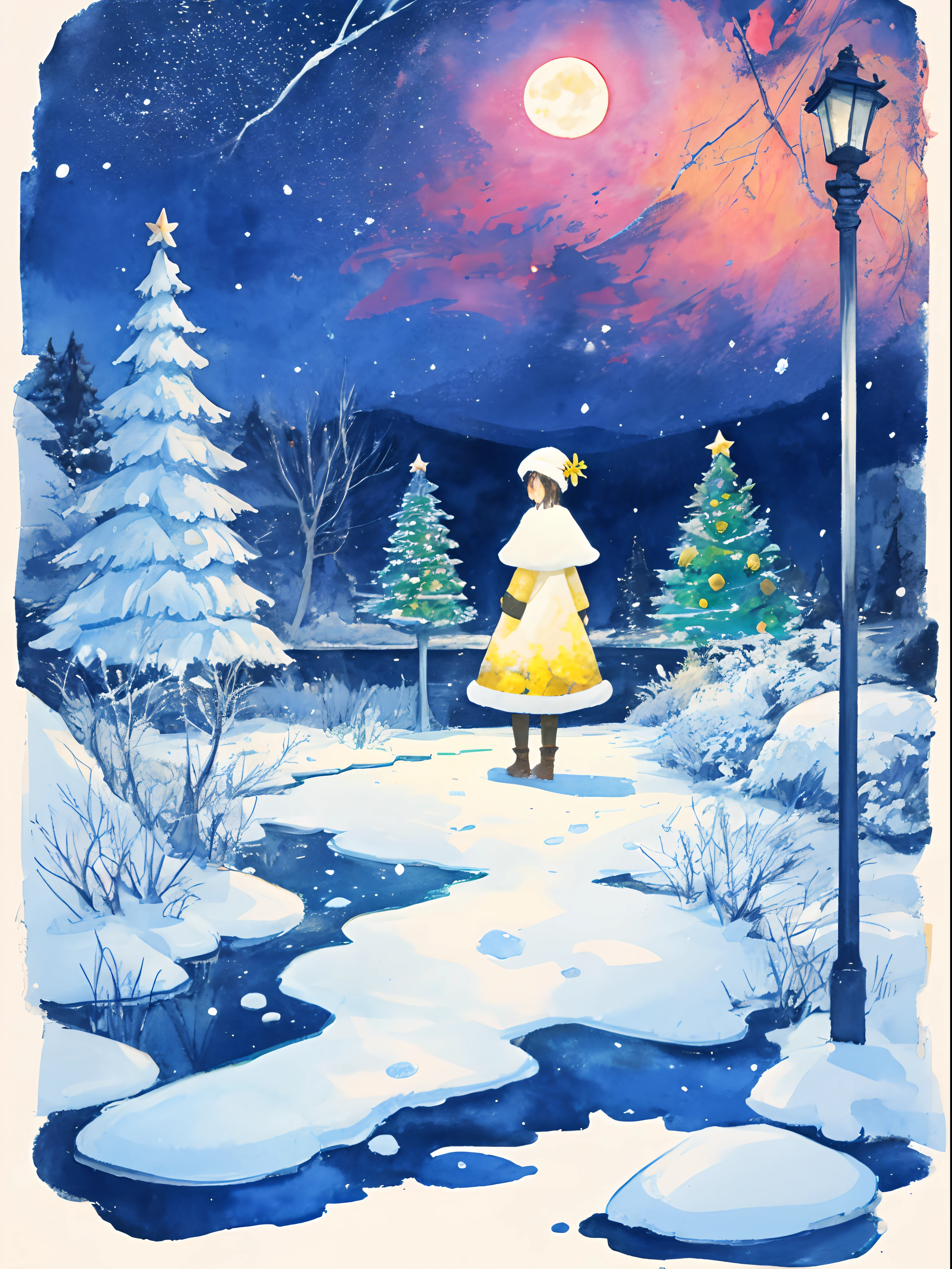 Christmas, moon, tree, snow, night, full moon, scenery, painting (medium), sky, outdoors, watercolor (medium), traditional media, flower, lamppost. Hot colors. One big golden flower in the center