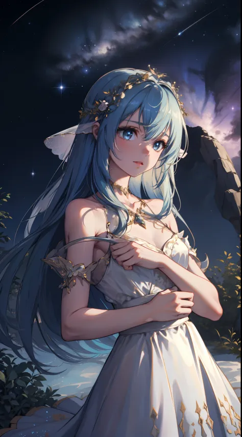 1 girl, upper body, single focus, nymph-like beauty, ethereal gowns, shimmering hair, (celestial: 1.4), (perseids: 1.3), sparkling eyes, radiant skin, enchanting aura, [depth of field, ambient lighting, ethereal foreground, meteor-showered background], cel...