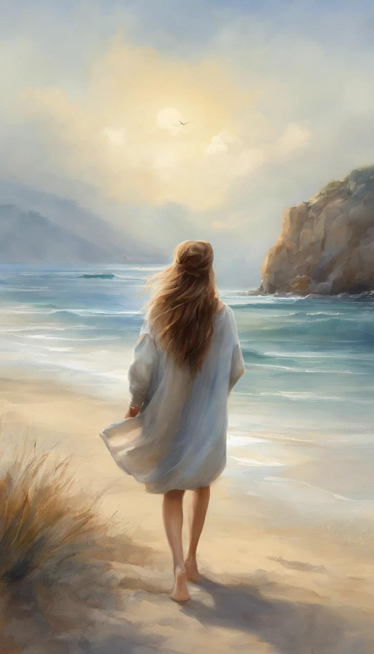 Painting of a woman walking on a beach with a white dress - SeaArt AI