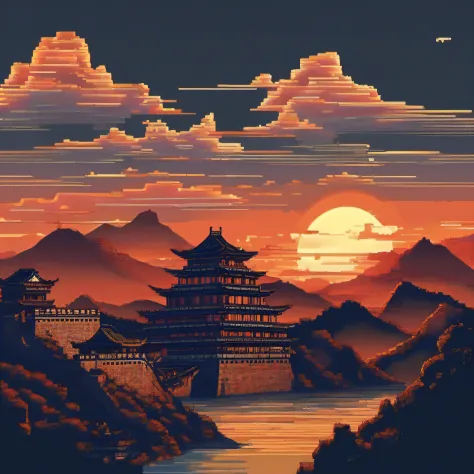 Tulou，Chinese big breasts，Dragon，the great wall，lakes，High hills，suns，baiyun，pix，pixelart
