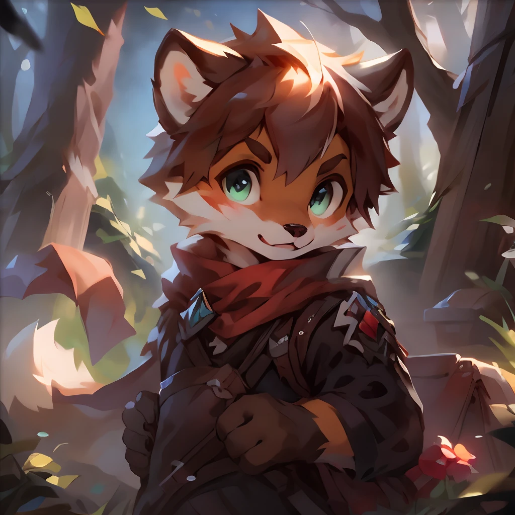 A curious male fox cub pokes its head out of a cozy fox den in the forest. He has orange fur, bushy tail, Cheer up your big furry ears. He wears the green adventurer's hat and scarf. His eyes were bright and surprised as he looked at the study in the dense woods。。, with a sunbeam coming through the trees. Small birds fly nearby，A deer passed by in the distance. The fox cub was excited, Express desire, Get ready to explore the outside world.
break
anthropology,Furry,feral,(Digital media \(artwork of a\):1.2),(hi，It's nothing,absurd res:1.2),Perfect anatomy,Anatomically correct,Detailed,Detailed face,Detailed eyes,(Realistic fur,Detailed fur:1.25),Detailed background,amazing background.
Break
(author：Puinki \(artist\):1.2),(author：Unreal Land,author：Sumi Kuroi,author：Milk Tiger 1145,author：Morkey,author：Emolga 1,Through the egg sac:1.2),(author：Xia Huaiting:0.8),(by Pino Daeni:0.8),(by Hios Hiru:0.8),(by Chunie:0.8).