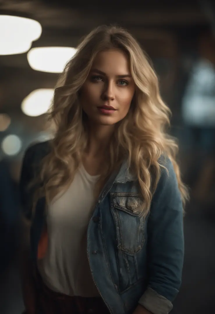 gorgeous woman with extra long wavy blonde hair, detailed alluring eyes, long sexy legs, wearing tshirt and pant, ((detailed facial features)), (finely detailed skin), pale skin, realistic skin texture, extreme skin details, (pores:0.1), in the background ...