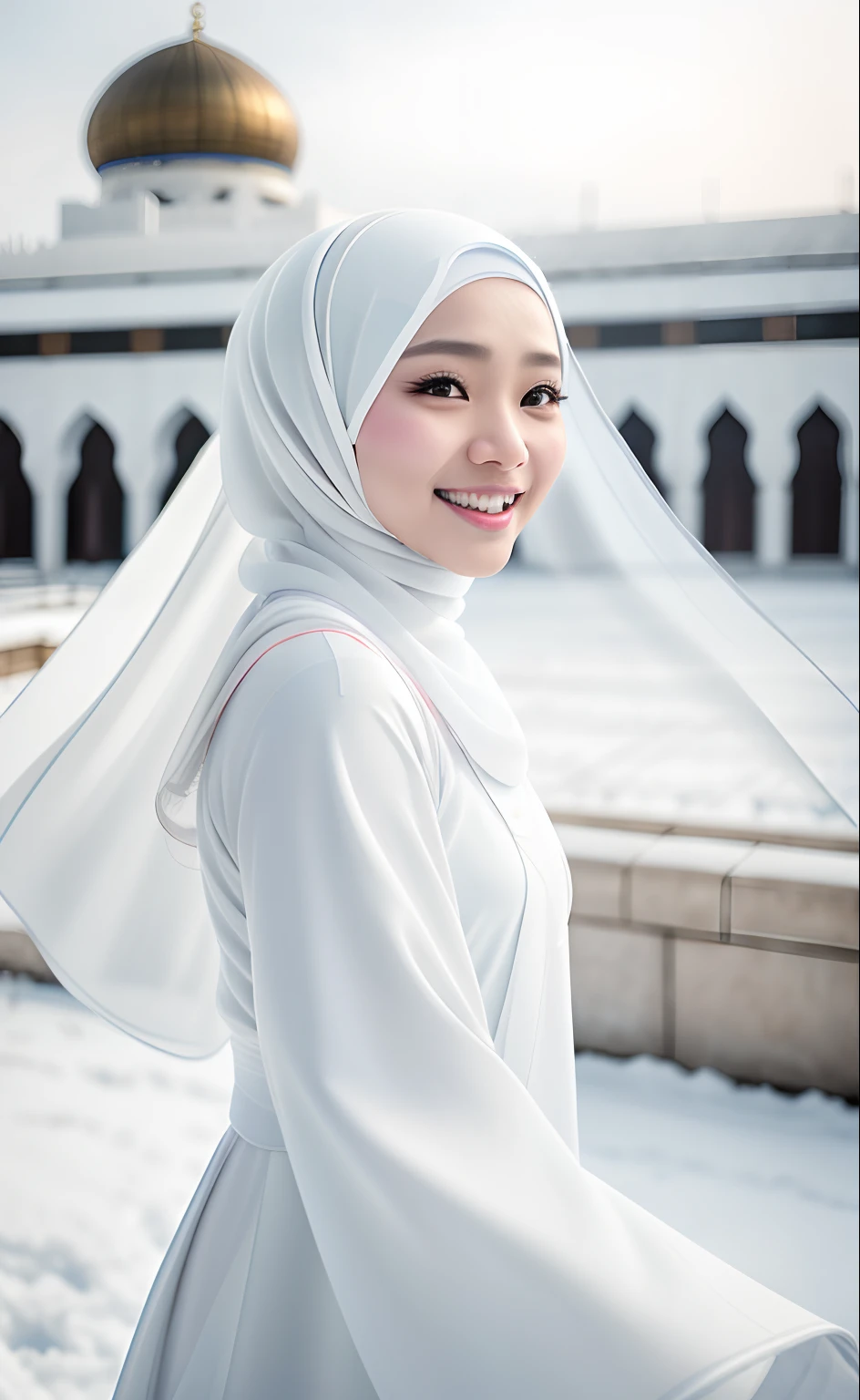 Best quality, 4K picture quality, 1 malay girl in hijab, white Hanfu, snow, long hijab fluttering in the wind, healing smile, large aperture, blurred background, mosque in background,