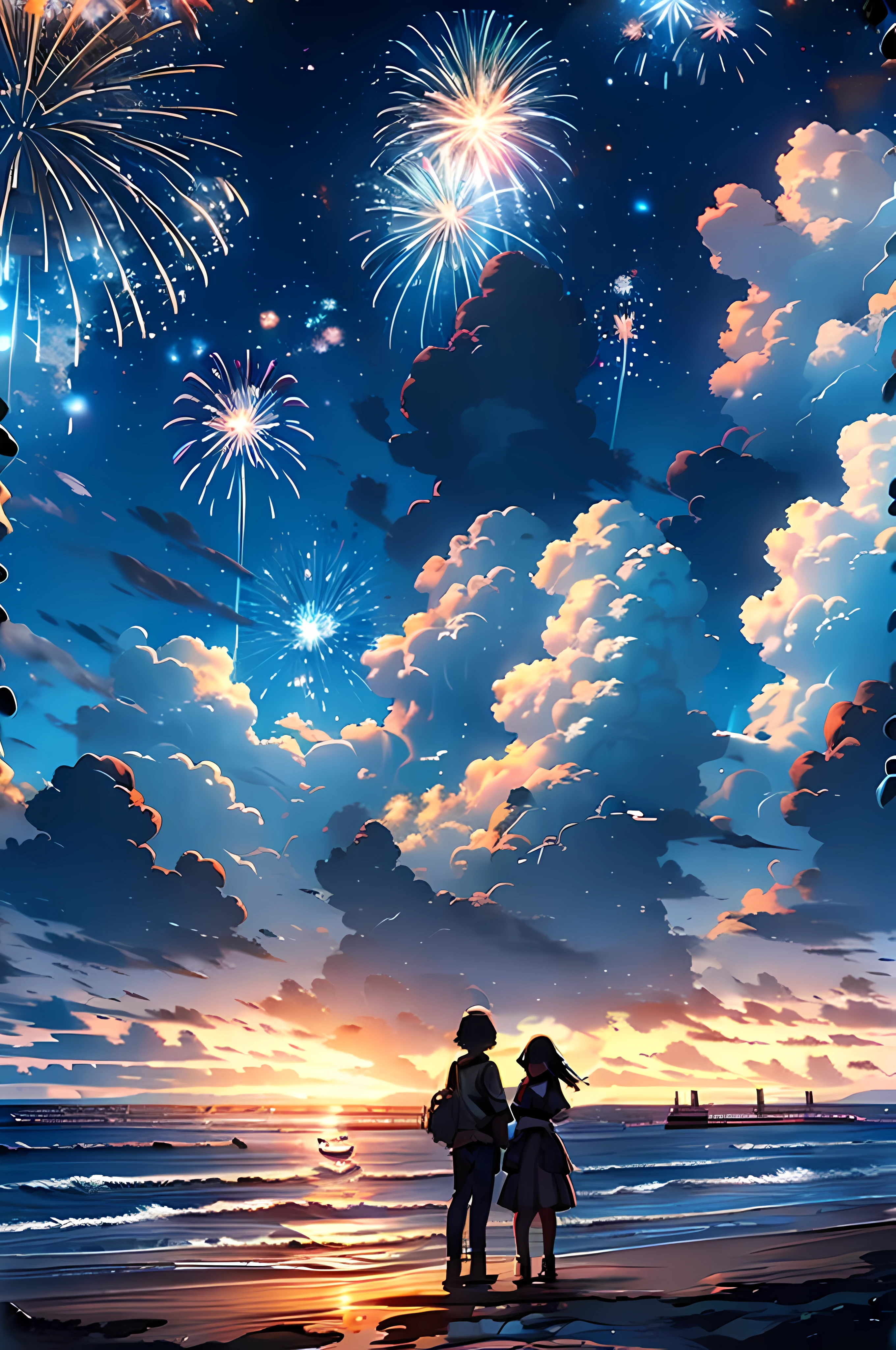 Skysky, fire works, NOhumans, scenecy, ​​clouds, exteriors, natta, cloud sky, inverted image, nigh sky, stele（Skysky）, Eau, the sunset, horizon, starrysky, the ocean,mutiple fireworks,Grand fireworks