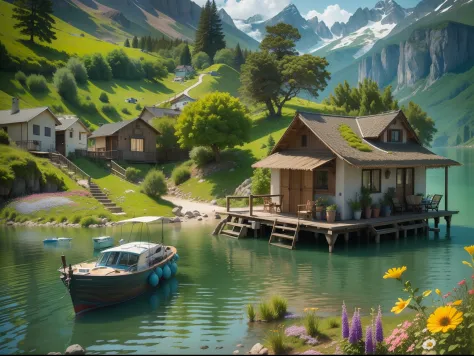 There are villas on the island in the lake, There are boats by the lake, spray, snow mountains, wildflowers.k hd, meticuloso,