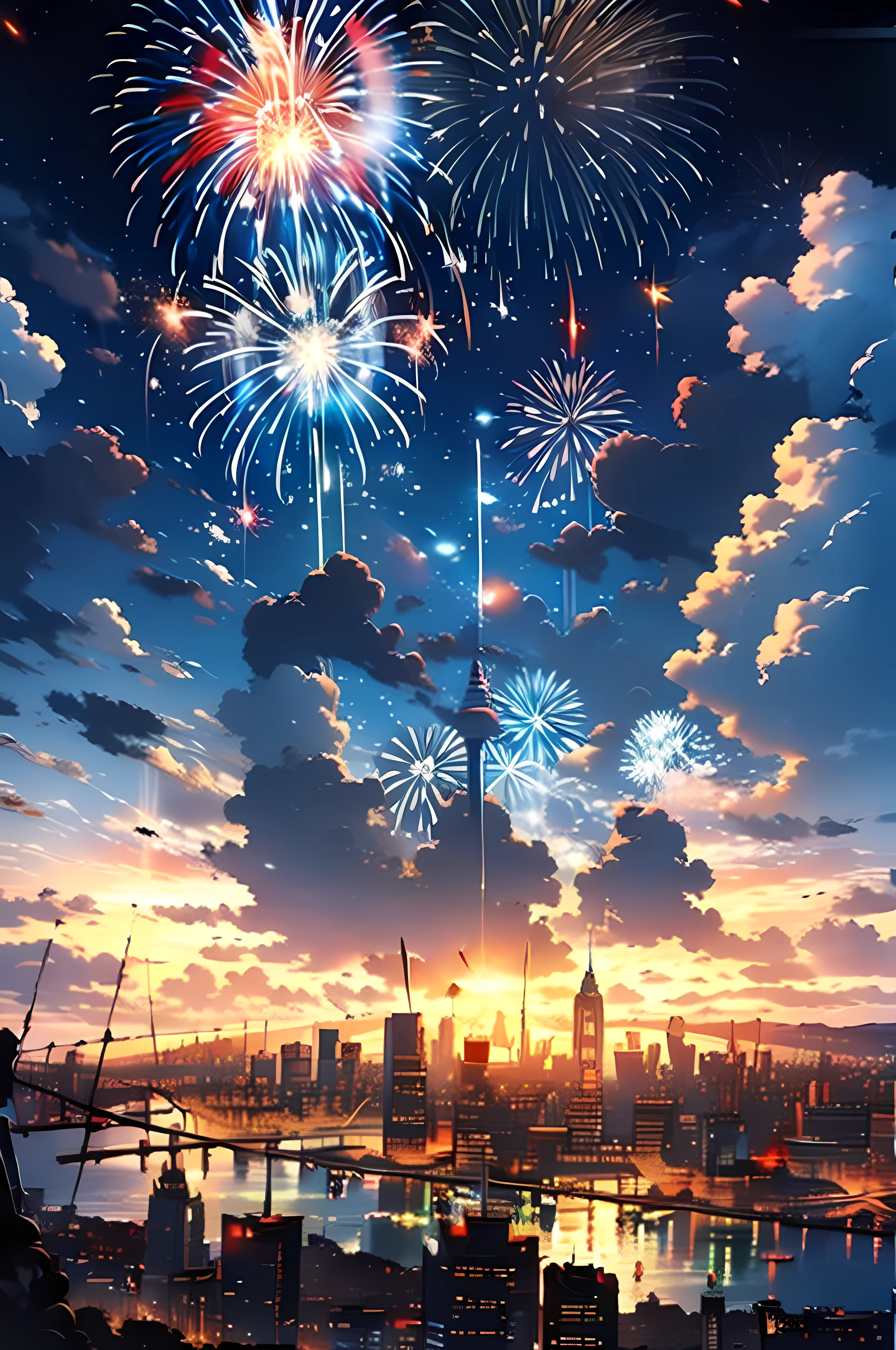 Skysky, fire works, NOhumans, scenecy, ​​clouds, exteriors, natta, cloud sky, inverted image, nigh sky, stele（Skysky）, Eau, the sunset, horizon, starrysky, the ocean,mutiple fireworks,Grand fireworks,Spectacular fireworks display. The fireworks are huge