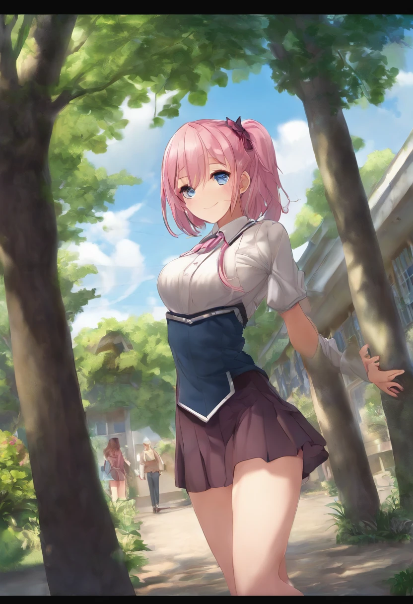 Anime girl in a short skirt and a shirt is walking down a street - SeaArt AI