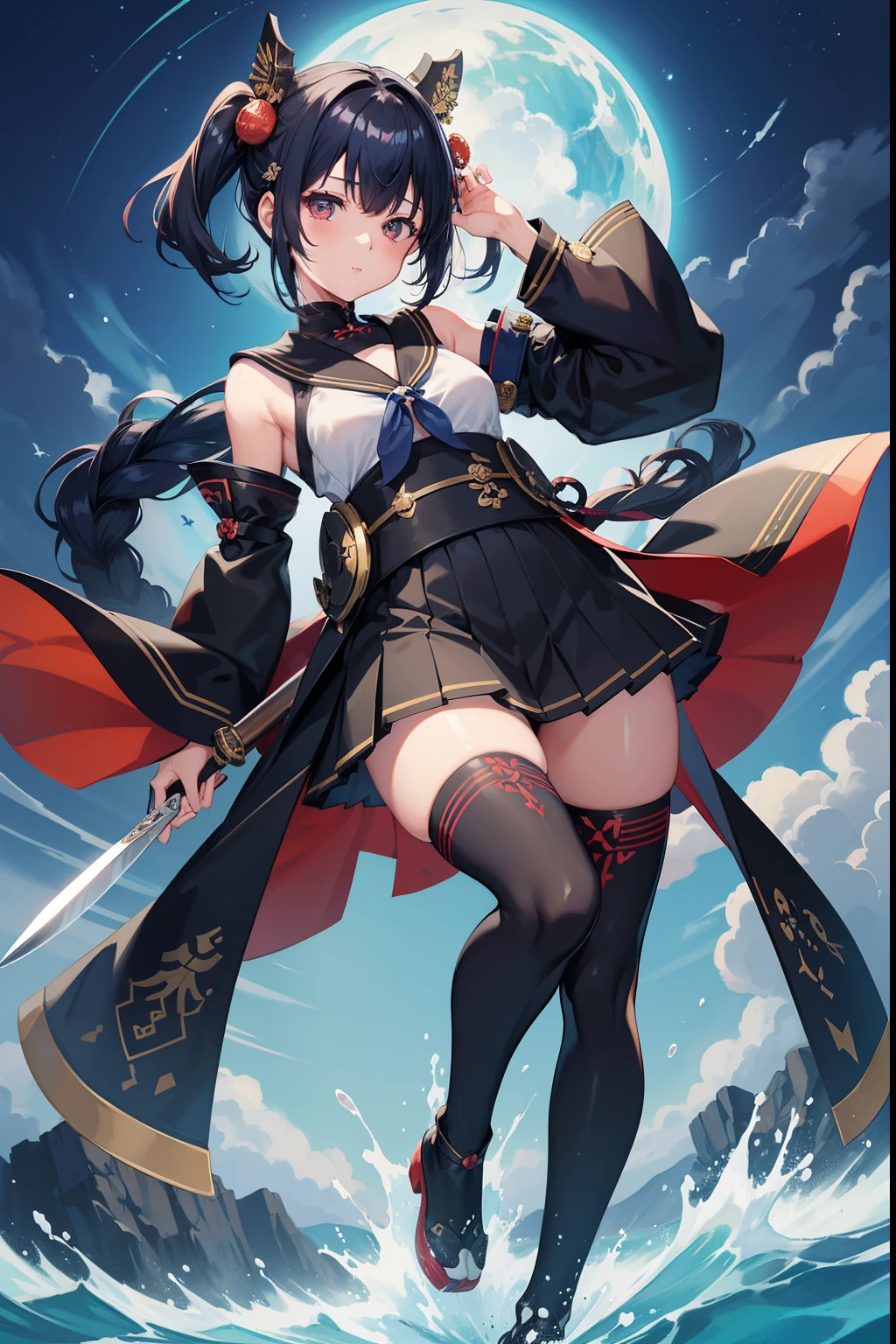 Black costume、a sailor suit、student clothes、Japanese-style armor、Armored boots in Japanese style、knifes、thighs thighs thighs thighs、1 girl in、Twin-tailed、Half blue hair and half black hair、deph of field,Beautifully Aesthetic:1.2)、(1girl in:1.3)、(Fractal Art:1.3)、Eye Highlights、looking at the viewers、patterns、细致背景、jpn、Japanese castle