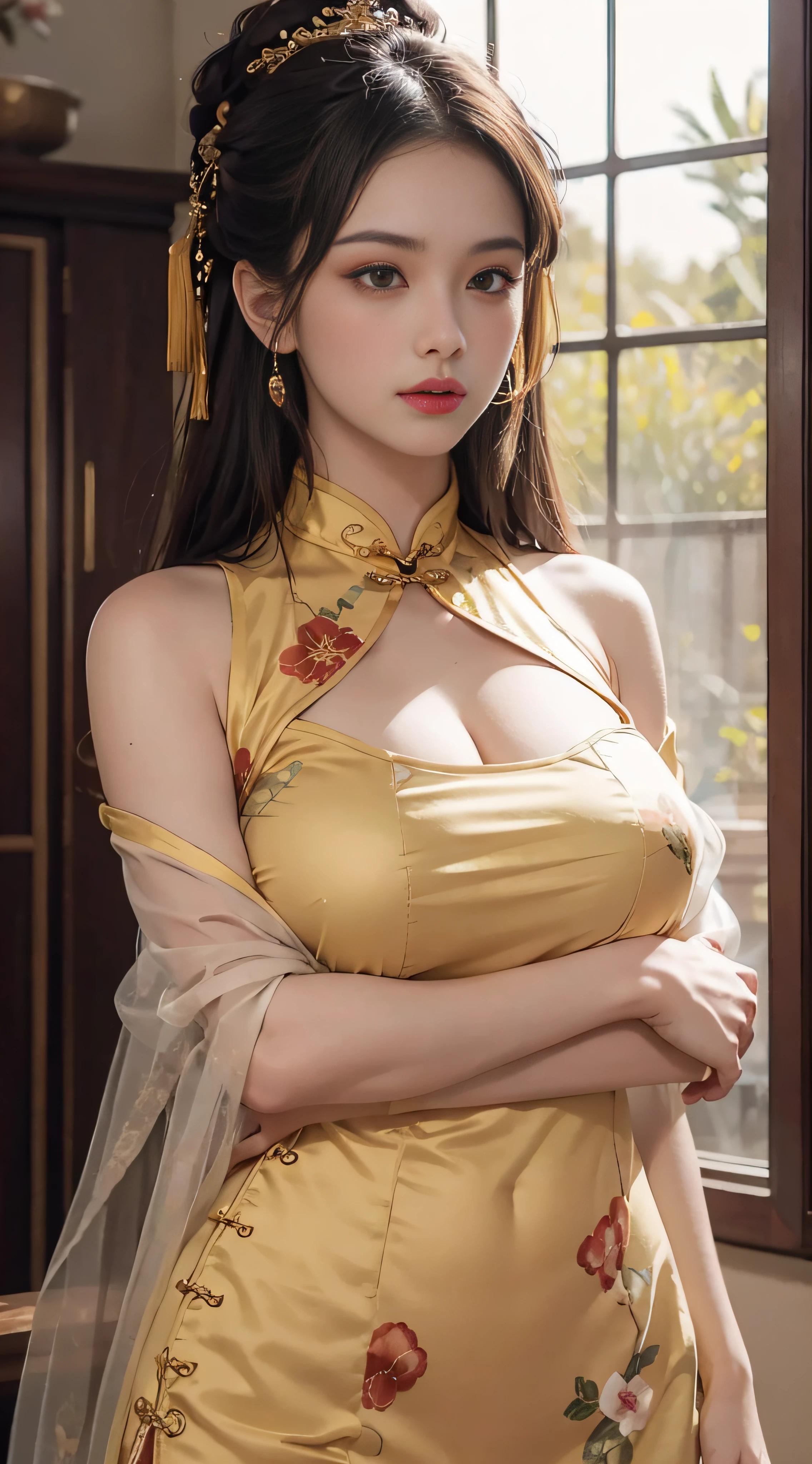 （From the outside） ， many color，Best quality at best，8K，Real photos，Delicate skin details，tmasterpiece，photograph of-realistic，Complicated details，RAW photogr，Court，Gorgeous cheongsam，Extra-long hair，cropped shoulders，delicated face，Expose cleavage，decorations，Perfect Finger，Dissection is correct，(Huge room，0.8)，shiny skins，arms on hips