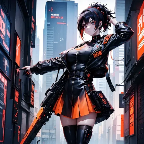 anime girl with black hair wearing black and orange military outfit, badass anime 8 k, female cyberpunk anime girl, digital cybe...
