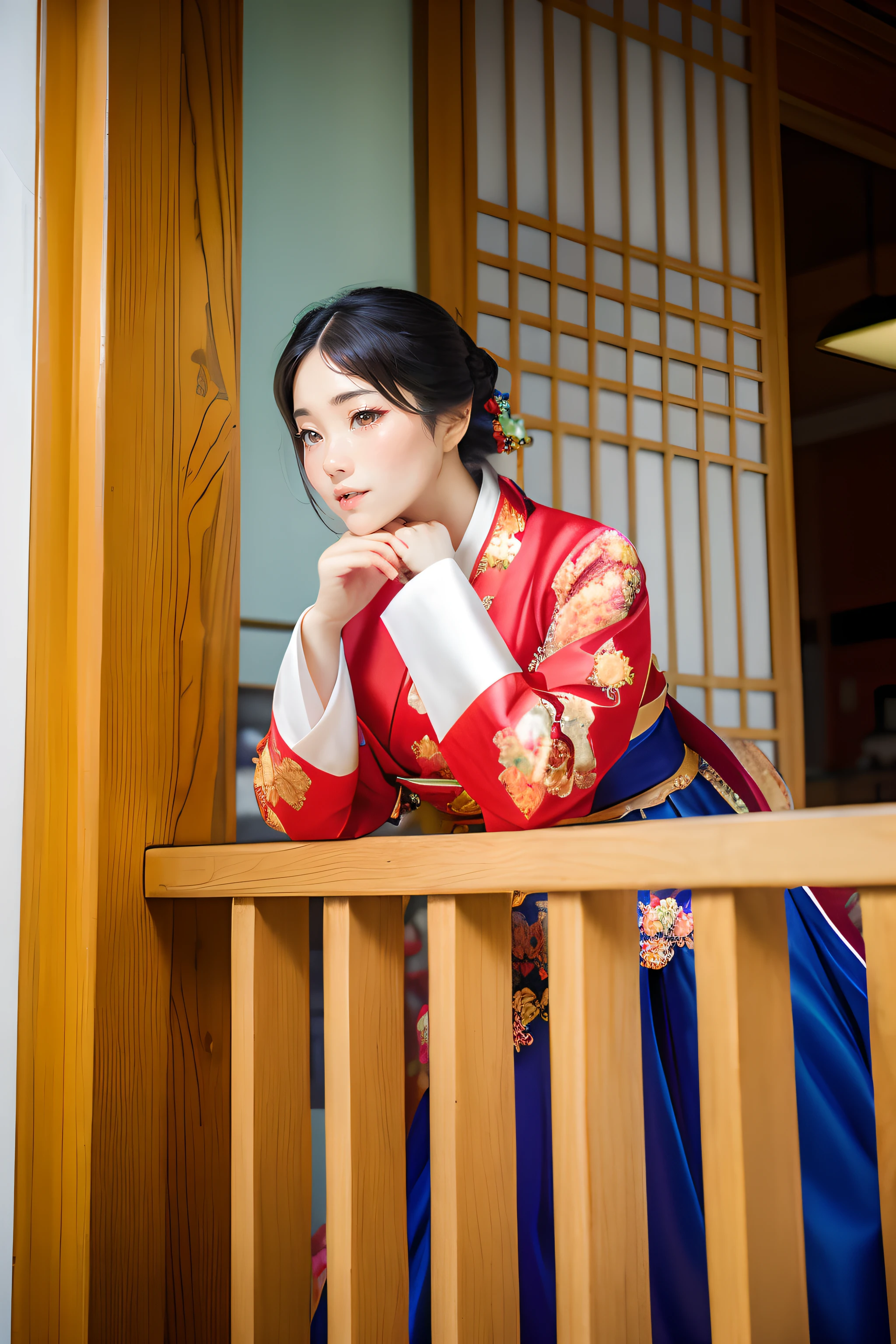 There was a woman looking out the window from the balcony, Korean woman, Hanbok, korean hanbok, inspirado por Kim Jeong-hui, beautiful Korean women, inspired by Shin Yun-bok, inspired by Sim Sa-jeong, traditional garb, inspired by Jeong Seon, wearing a noblewoman's outfit, traditionalcostumes, wearing authentic attire