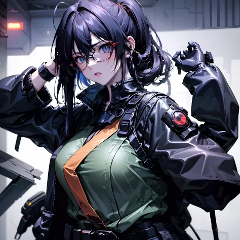 an older anime girl with longblack hair wearing dark green and dark orange full covering military uniform also wearing military ...