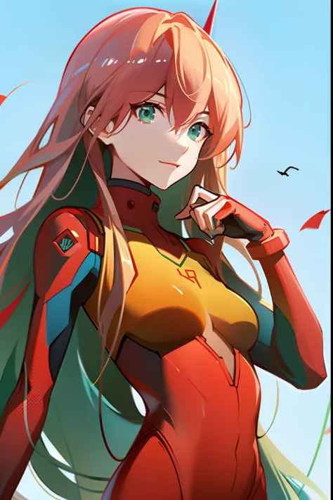 by ask, by caaaarrot, Very detailed background, Masterpiece, Best quality, 1girll, Solo, ((Masterpiece, Best quality)),Best-aesthetic, Zerotwo (DARLING in the FRANXX), DARLING in the FRANXX, bangs, Biting, Blush, covered navel, eye shadows, Green eyes, hai...