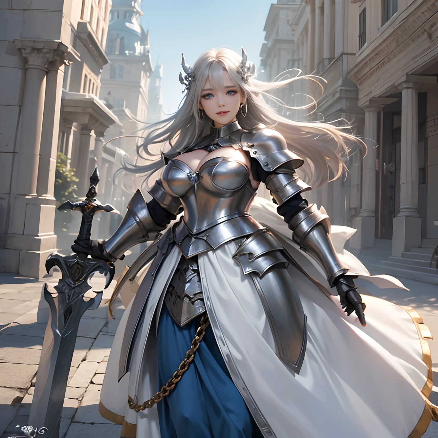 Women in Their 20s、Two Female Knights、fantasy worlds、offcial art, unity 8k wall paper, ultra-detailliert, beautifly、Aesthetic, ​masterpiece, top-quality, Photorealsitic、A hyper-realistic、Beautuful Women、detailed costume、depth of fields, Fantastic atmosphere, Calm palette, tranquil mood, Soft shading、bbw、plump figure、Soft skin、very large breast、Happy smile、Woman knight:1.5、Dull silver armor:2.0、dull silver breastplate:1.6、Woman in medieval knightly attire:1.8、White cloth、White flared skirt、Brandt Silver Gauntlet:1.5、dull silver shoes、blue eyess、a blond、Silver Hair Fastening、Has a very large sword and shield:2.0、White horse:1.6、femele、cleavage of the breast