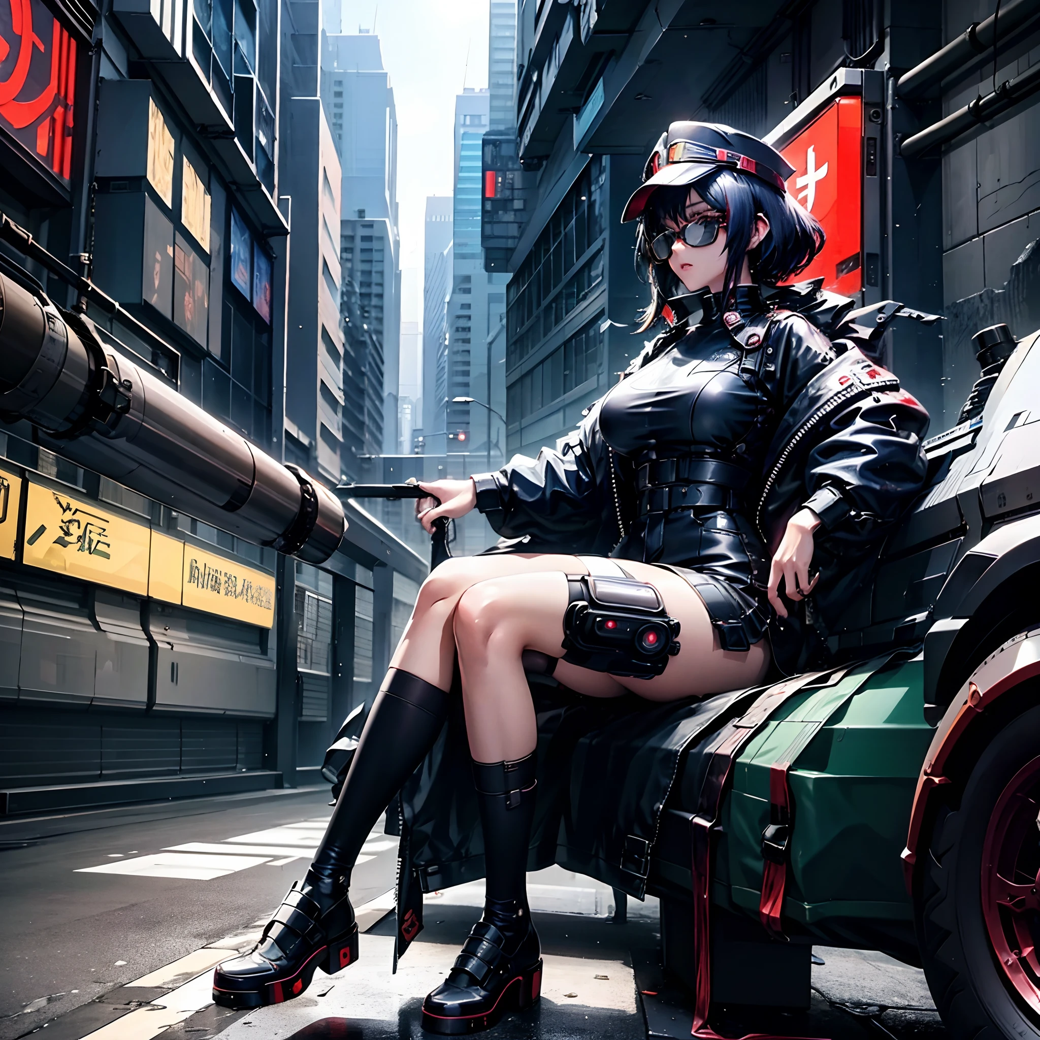 an older anime girl with black hair wearing dark green full retro military uniform that has a bit of orange also wearing military hat and black aviator glasses, badass anime 8 k, female dark sci fi anime girl, digital cyberpunk anime art, cyberpunk anime girl, anime cyberpunk art, cyberpunk anime girl mech, modern cyberpunk anime, cyberpunk anime art, digital cyberpunk - anime art, anime cyberpunk, cyberpunk angry gorgeous goddess, portrait, inside a dark space bar