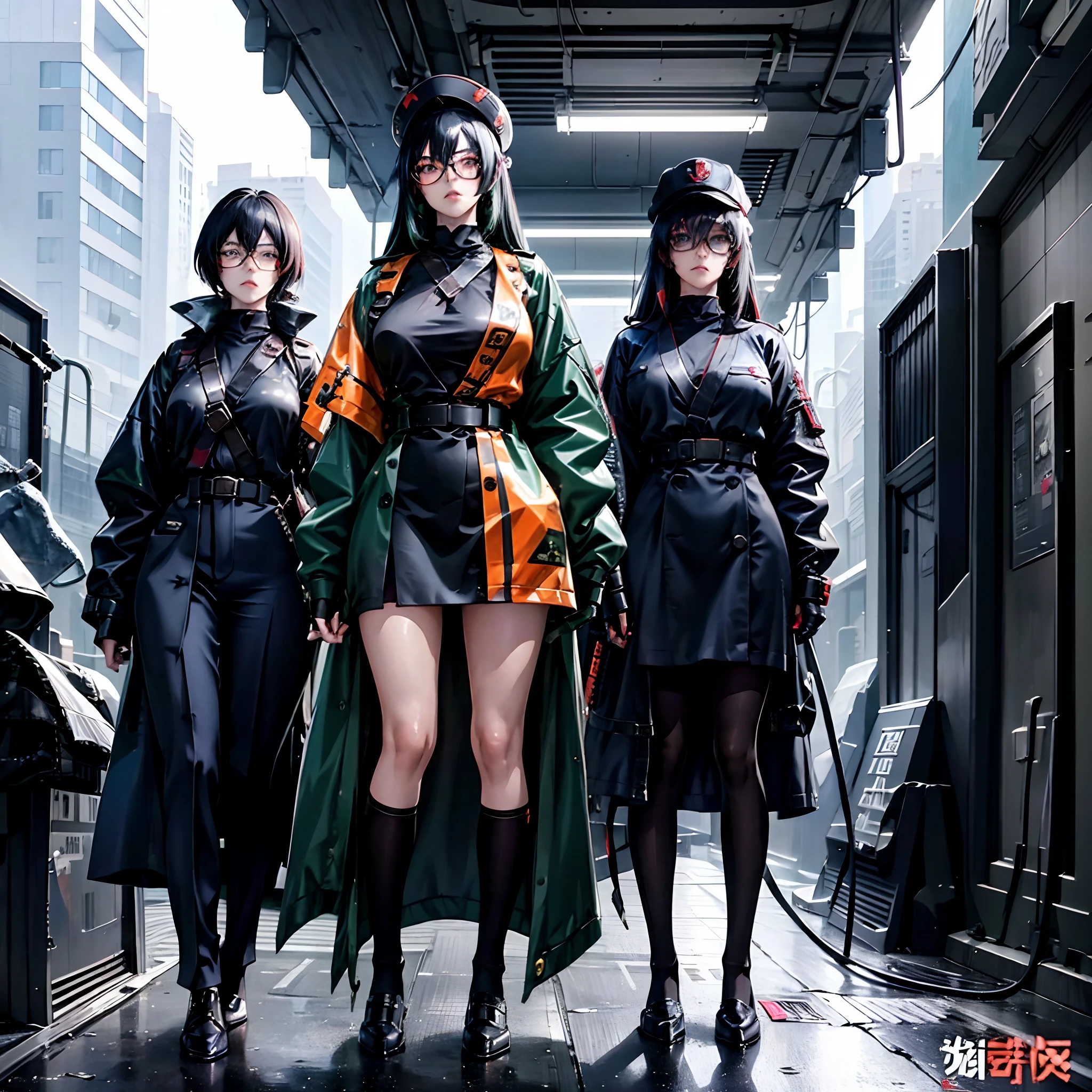 an older anime girl with black hair wearing dark green full retro military uniform that has a bit of orange also wearing military hat and black aviator glasses, badass anime 8 k, female dark sci fi anime girl, digital cyberpunk anime art, cyberpunk anime girl, anime cyberpunk art, cyberpunk anime girl mech, modern cyberpunk anime, cyberpunk anime art, digital cyberpunk - anime art, anime cyberpunk, cyberpunk angry gorgeous goddess, portrait, inside a dark space bar