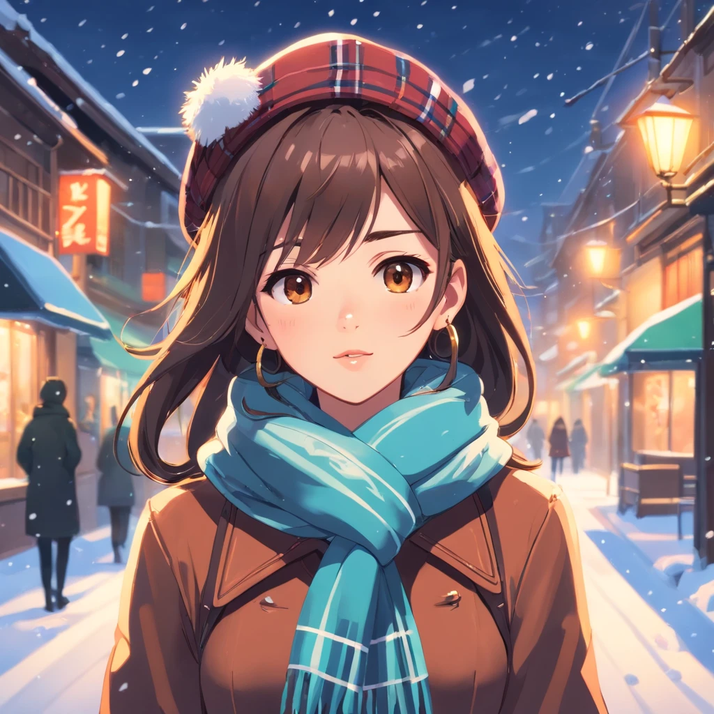 1girll, Solo,, Scarf, Hat, jewelry, Long hair, Earrings, view the viewer, Realistic, Lips, Snow, winter clothes, nevando, Brown eyes, Closed mouth, checkered clothes, Beanie,Girl,xqx,