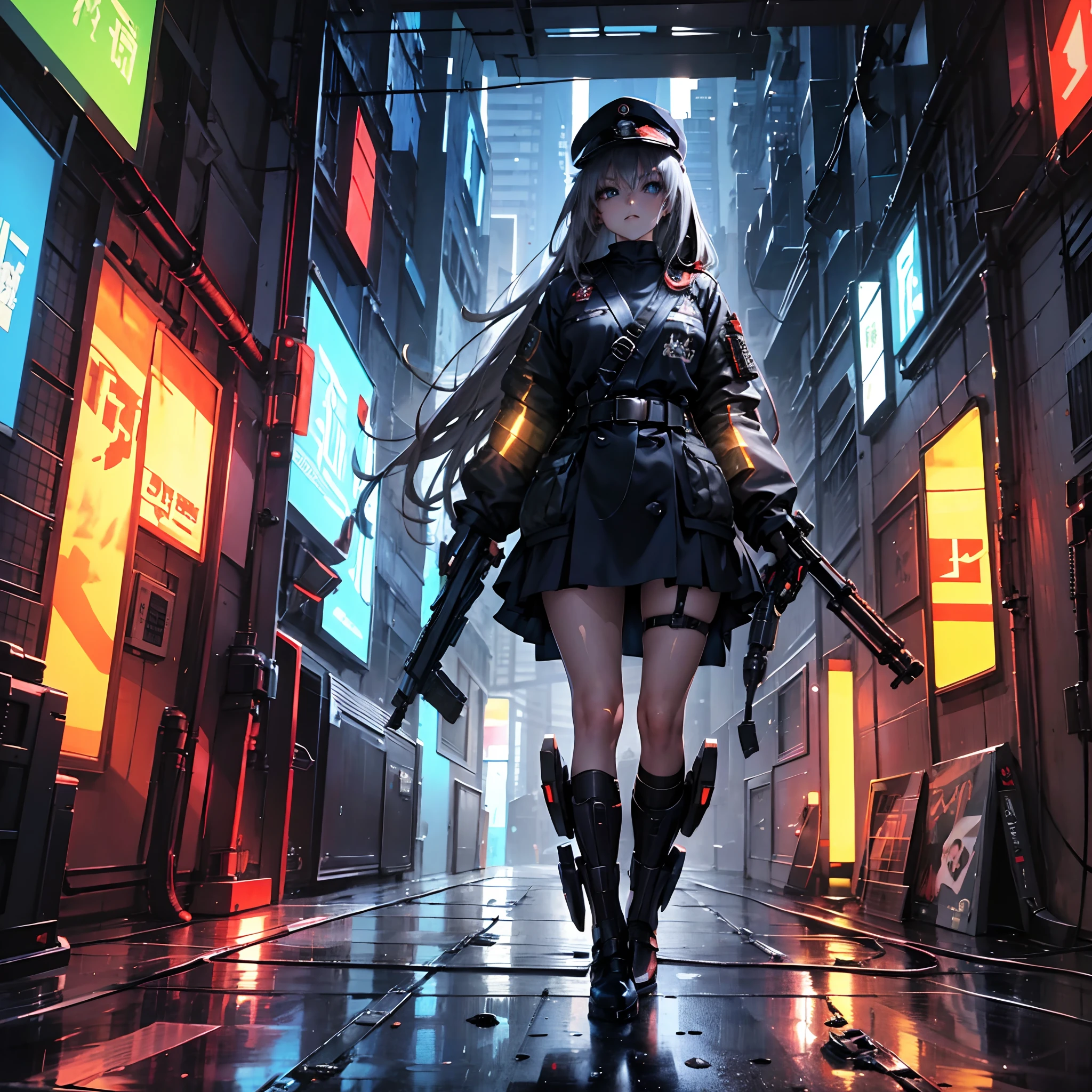 an older anime girl with long white hair wearing dark orange full retro military uniform also wearing military hat, badass anime 8 k, female dark sci fi anime girl, digital sci fi anime art, sci fi anime girl, anime sci fi art, anime girl mech, modern sci fi anime, cyberpunk anime art, digital sci fi - anime art, anime sci fi, cyberpunk angry gorgeous goddess, portrait, sci fi, insidebar, cyberpunk, absurdres, high res, ultrasharp, 8K, masterpiece, looking at viewer