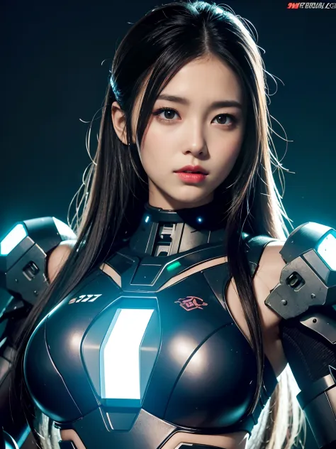 Beauty Cyborg　Battle Mode　Eyes glow　cyberpunked　mech body　voluptuous breasts　machine gun　missile