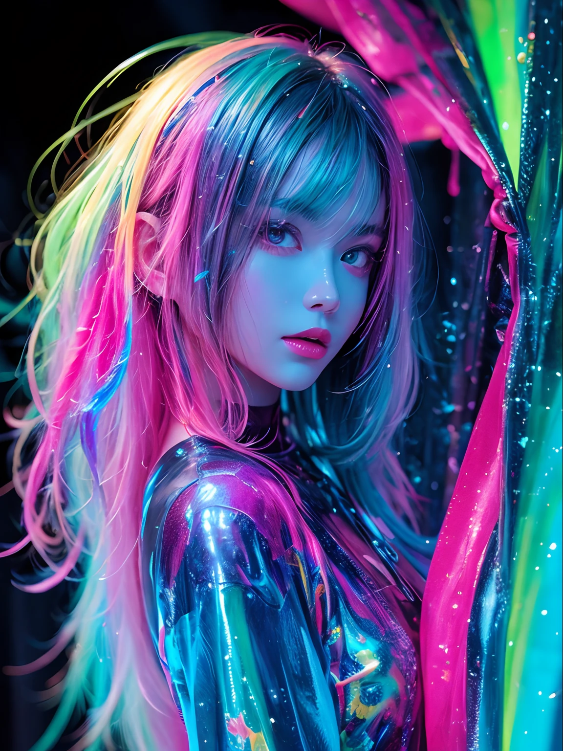 暗闇で光る ，ペイントの飛散，Captivating psychedelic surreal neon amazing universe 美しい gorgeous women in a bright colorful neon light，マーク・ライデン、ダニエル・メリアム、フランク・フラゼッタやボリス・ヴァレーホ風の明るいネオンカラー, 、ファッション服，サンダル，スーパーリアリズム, トリッピー,  華やかな, 美しい, 細かい部分, 複雑な細部, 超詳細, 油絵, 複雑な色彩,