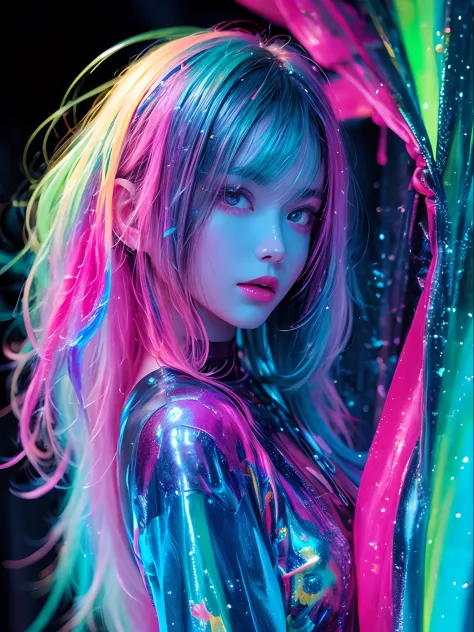 Glow in the dark ，Paint splashing，Captivating psychedelic surreal neon amazing universe beautiful gorgeous women in a bright col...
