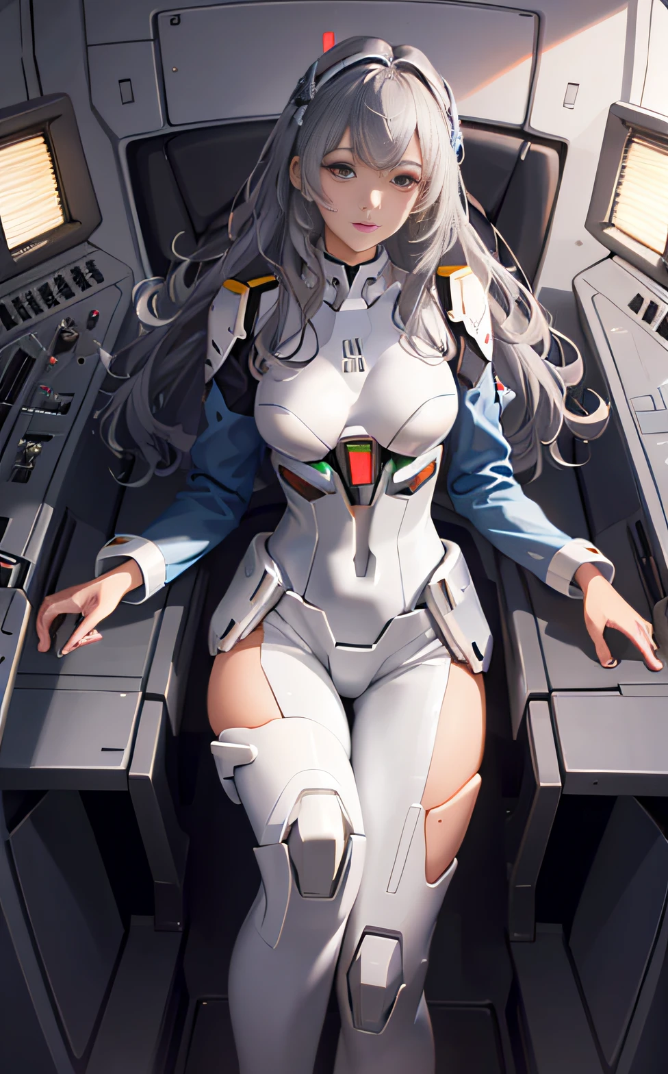 (((nur eine Person))), (((nur ein Gesicht))), Im Cockpit, Präzisionsgeräte, Very schönes Gesicht, Detailliertes Gesicht, sehr schöne Augen, Detaillierte Augen, eine schöne Frau in einem Gundam-Pilotenanzug sitzt im Cockpit, Filmszene, 8K-Qualität, (((ganzer Körper))), (Meisterwerk), realistisch, junge und süße Anime-Frau, schönes Gesicht, Sonnenschein, filmisches Licht, eine schöne Frau, Schöne dunkle Augen, milk beige medium hair , Perfekte Anatomie, So süß, Prinzessinnenaugen, (schwarze Augen), Zwischenbild, Stil, Biolumineszenz, Lebensgröße 8 Größen, 8K-Auflösung, Menschliche Hand, seltsame Perfektion, elegant, beinahe perfekt, Dynamisch, Sehr detaillierte Charakterbögen, Konzeptkunst, reibungslose Platzierung, atemberaubend schöne Mädchen der 20er Jahre, detailed hairStils, (((Entschlossene, würdevolle Augen))), (((Viele Instrumente strahlen vor dem Mädchen ein schwaches Licht aus)))