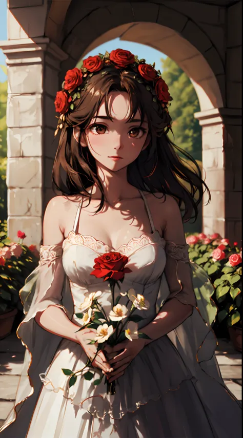 1 girl, upper body, single focus, radiant beauty, flowing rose-themed gown, petal-like hair, (rose garden: 1.4), (blooming flowe...