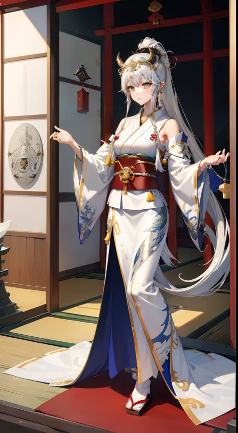 ((8K))、((32K))、((​masterpiece))、((top-quality))、((超A high resolution))、((Stylistic image of a Japan priestess dressed as a silver dragon))、((Japan details))、((Highly detailed priestess costume))、((highly intricate detail))、detailed skin textures、Detailed C...