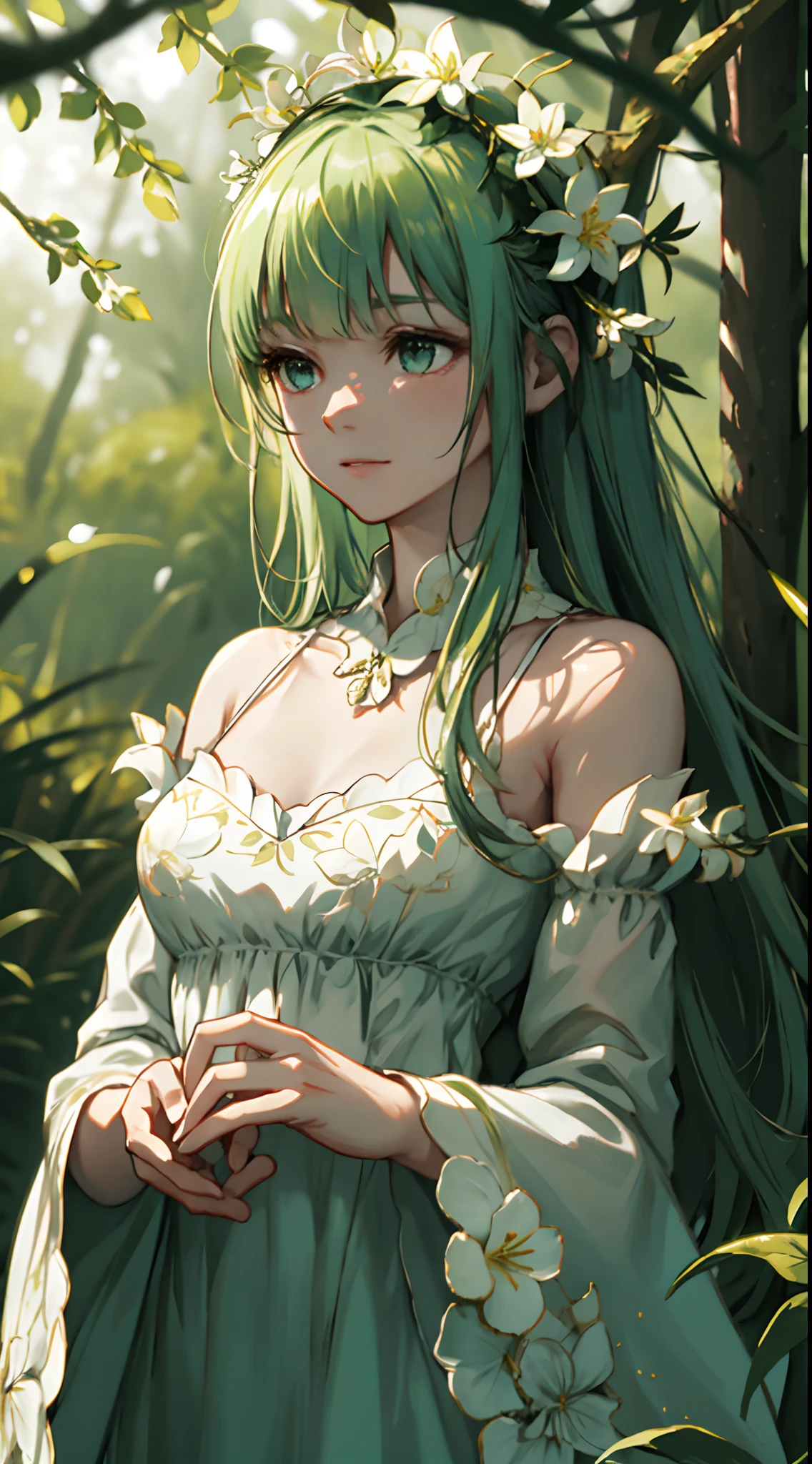 Anime girl with green hair and flowers in her hair - SeaArt AI