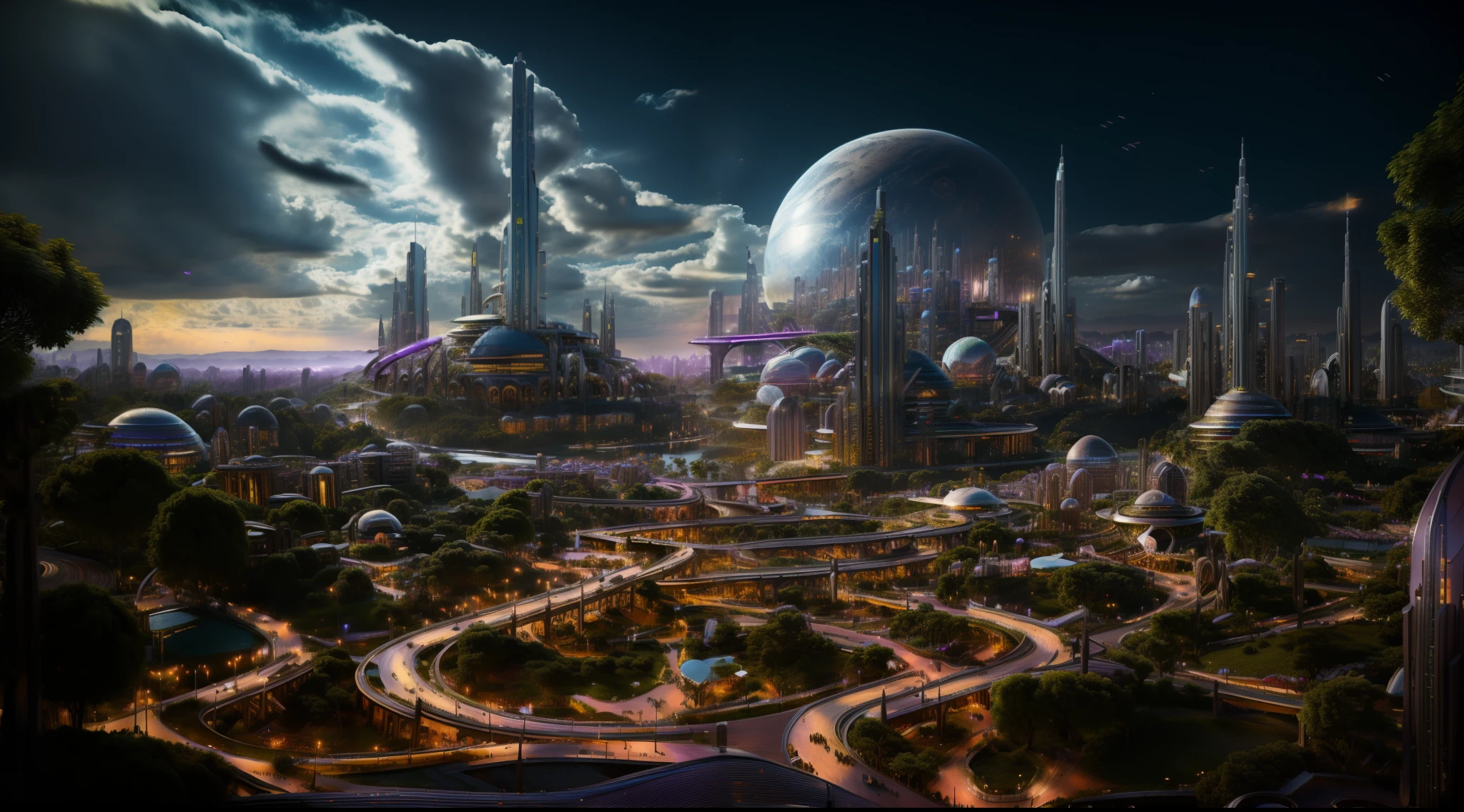 Futuristische Stadt, vermischt mit der Natur, violetter Farbton Himmel, Ultra-hohe Qualität, Extrem detailliert, 4k