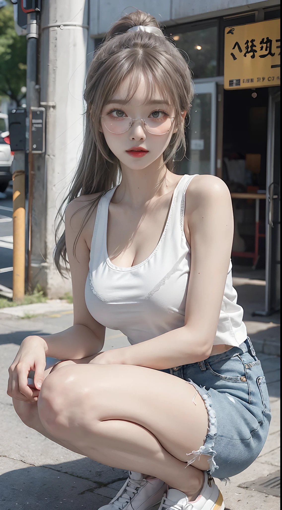Top image quality、Raw photography、超A high resolution、18-year-old Korean、Glasses beauty、Colossal tits:1.6、cleavage of the breast:1.6、Healthy complexion、shiny white skin、(twin-tail hair、double ponytail hair)、((Light brown silver hair))、Beautiful eyes with random colors、very thin lips、beautiful eyes finely detailed、elongated eyes、pale pink blush、long eyeslashes、Beautiful double eyelids、eyeshadows、耳Nipple Ring、(Fashionable glasses、White tight tank top、denim short pants、Beautiful legs、Attractive thighs)、street snap、moderate leg thickness、Shot with emphasis on the legs、squatting and opening legs