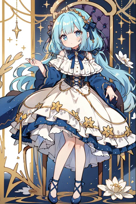 (1 girl in:1.2)、((full body Esbian、Photo of sitting on a chair))、top-quality、masutepiece、blue hairs、Longhaire、fluffy hair、Golden...
