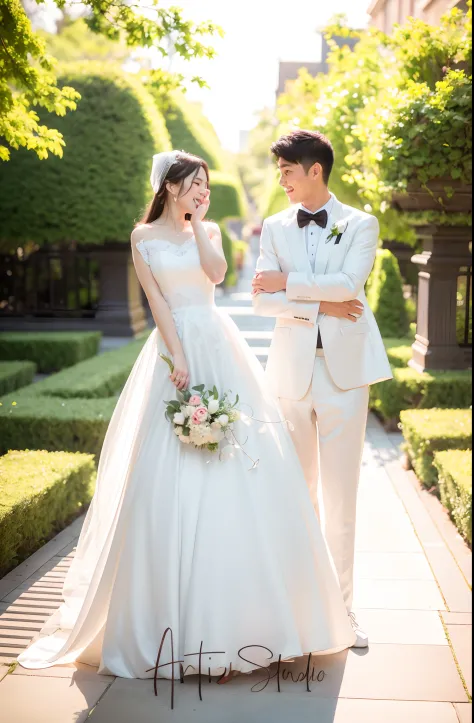 a man and a woman dressed in a white wedding dress，standing side by side, wedding photo, cyan tones,red wedding dress,melon-eati...