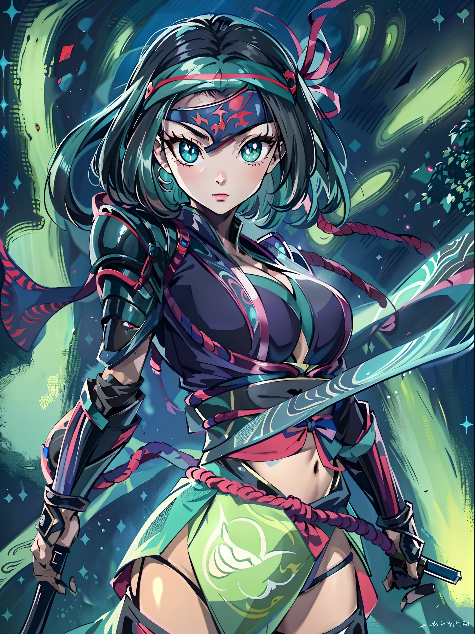 [(deep blue background)::10],((​master piece,Best quality)),1 girl,(Solo),(avatar),(short detailed hair),Bob,whaite hair,(Green eyes),(huge tit,long chest),(cleavage),(ninja
mask
armor
ninja_clothes:1.3),At night,Stand,(shiny pupils:1.2)+(Shiny eyes:1.3)