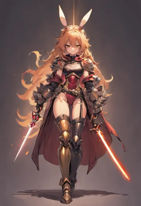 brown skin girl. Her figure, busty, curvy, proper direction, bunny ears, cat tail, Magenta hair color, dark magenta eyes, brown skin, sword in hand, large ragged cloth like cape wrapped around waist, chest armor, gauntlet, black long sleeve shirt under arm...