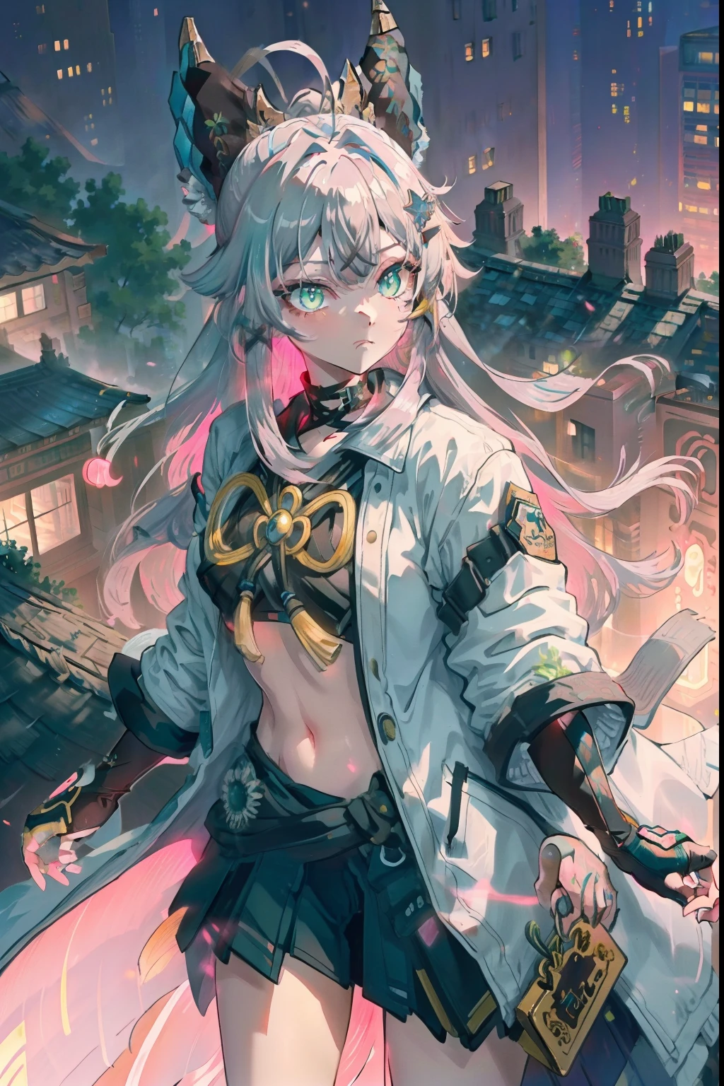 (masterpiece), best quality, expressive eyes, perfect face Neon white hair long. Pink eyes glowing in the city woman , white jacket Beautiful facr Pink Halo On the roof top of school night time, 1girl, green eyes, navel, meaw