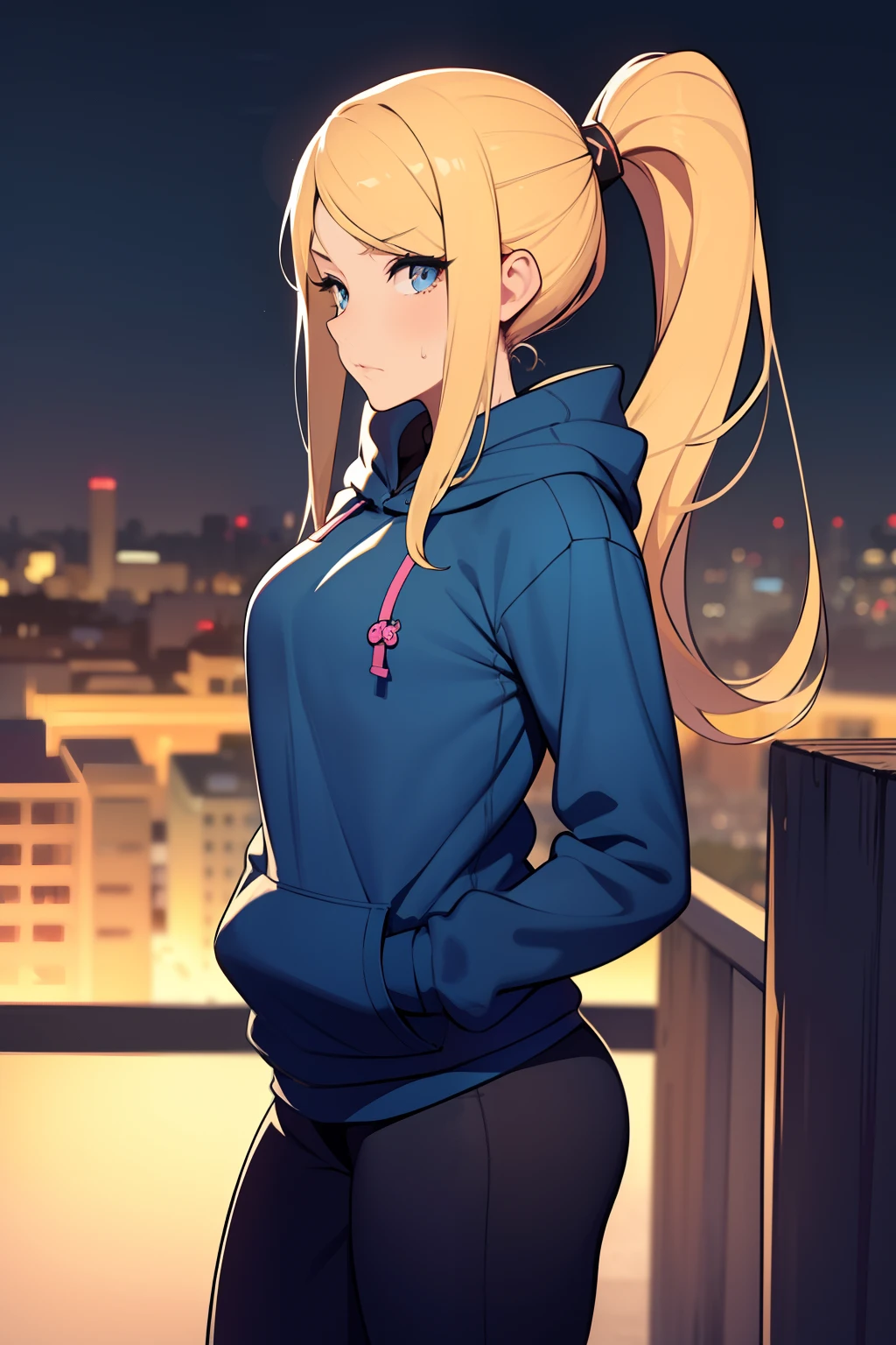 masterpiece, best quality, samus aran, ponytail, hair tie, blue hoodie, black sweatpants, looking at viewer, city background, cowboy shot