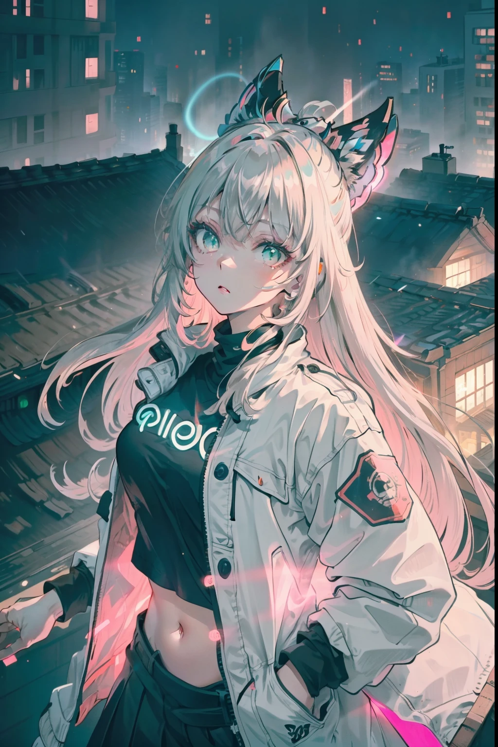 (masterpiece), best quality, expressive eyes, perfect face Neon white hair long. Pink eyes glowing in the city woman , white jacket Beautiful facr Pink Halo On the roof top of school night time, 1girl, green eyes, navel, meaw