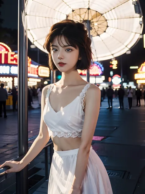 1 girl, slim，thin, small breasts,Shoulder length Fluffy short curly hair ,Low V-neck white evening dress transparent lace gauze  skirt ，navel，looking at the camera，Amusement Park, Ferris Wheel