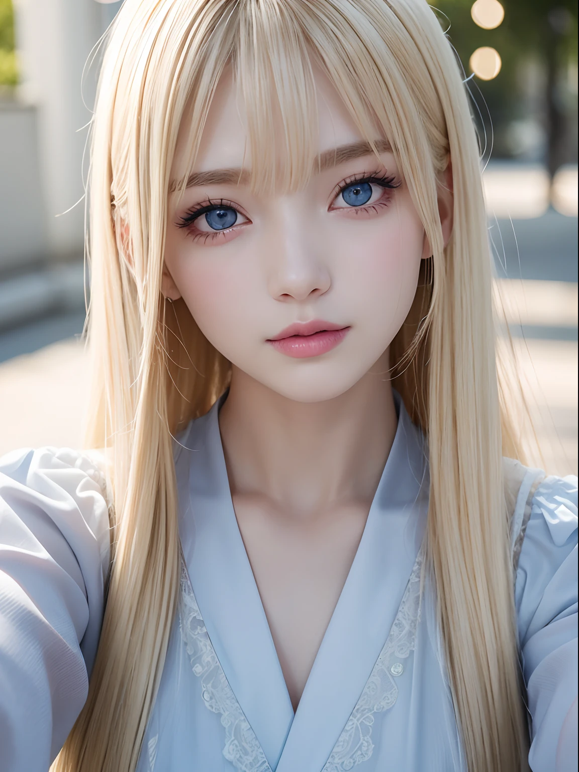 A close up of a woman with long blonde hair and blue eyes - SeaArt AI