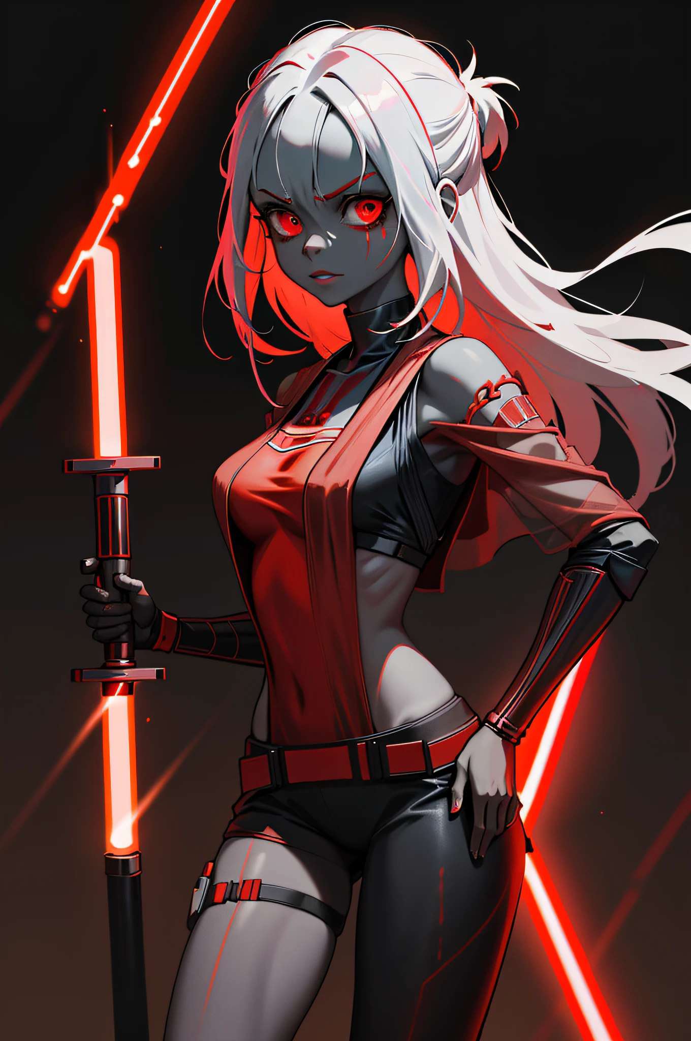 lineart, 2d, muscluar, absurdres, 1girl, revealing clothes, black and red, see-through, ((sith jedi girl,)), colored skin, pale skin, ghoulish, holding red jedi light saber,