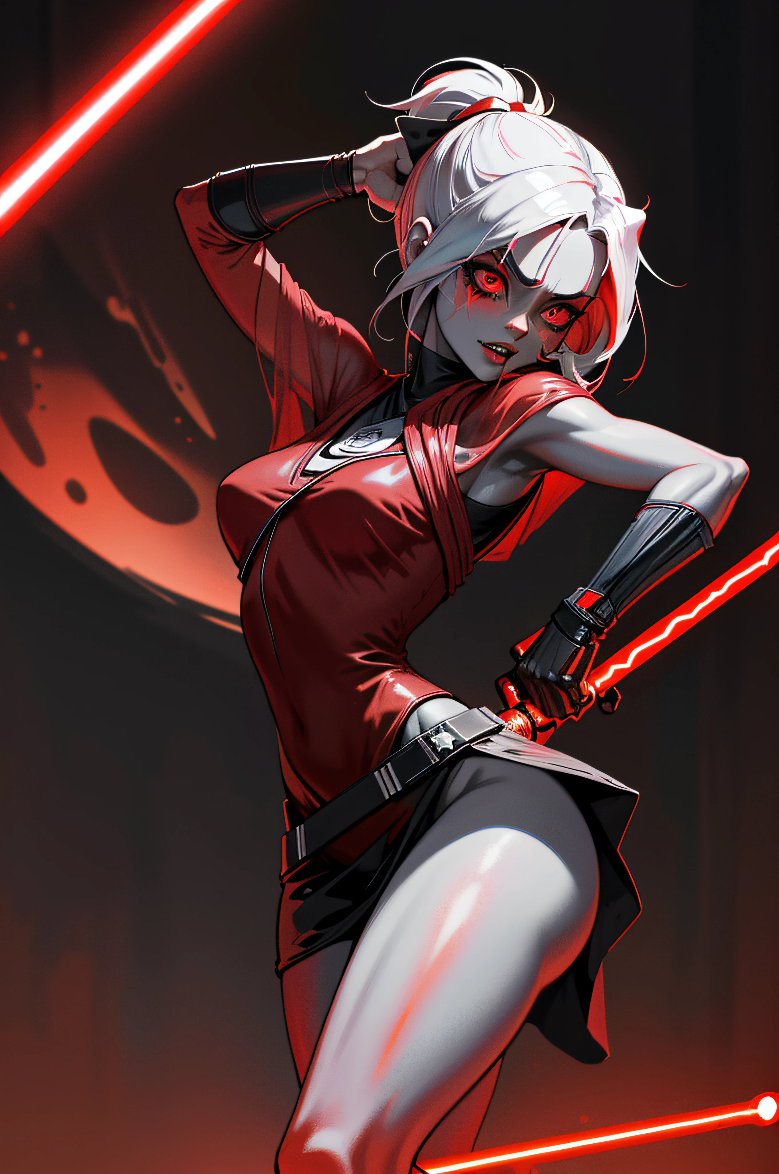 2d, muscluar, absurdres, 1girl, revealing clothes, black and red, see-through, ((sith jedi girl,)), colored skin, pale skin, ghoulish, holding red jedi light saber, sexy, erotic, beautiful,