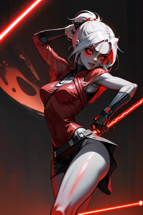 2d, muscluar, absurdres, 1girl, revealing clothes, black and red, see-through, ((sith jedi girl,)), colored skin, pale skin, gho...