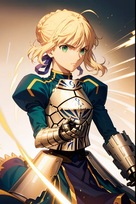 Best quality, Masterpiece,phSaber, phAltoria, 1girll, Solo, Armor, arma, sword, Glowing sword, glowing weapon, french braid, Armored dress, Glowing, mitts, Holding, chest plate, hair-bun, Upper body